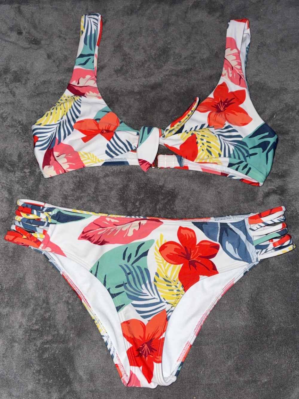 Hollister White Bikini Set with Red & Green Tropical Print